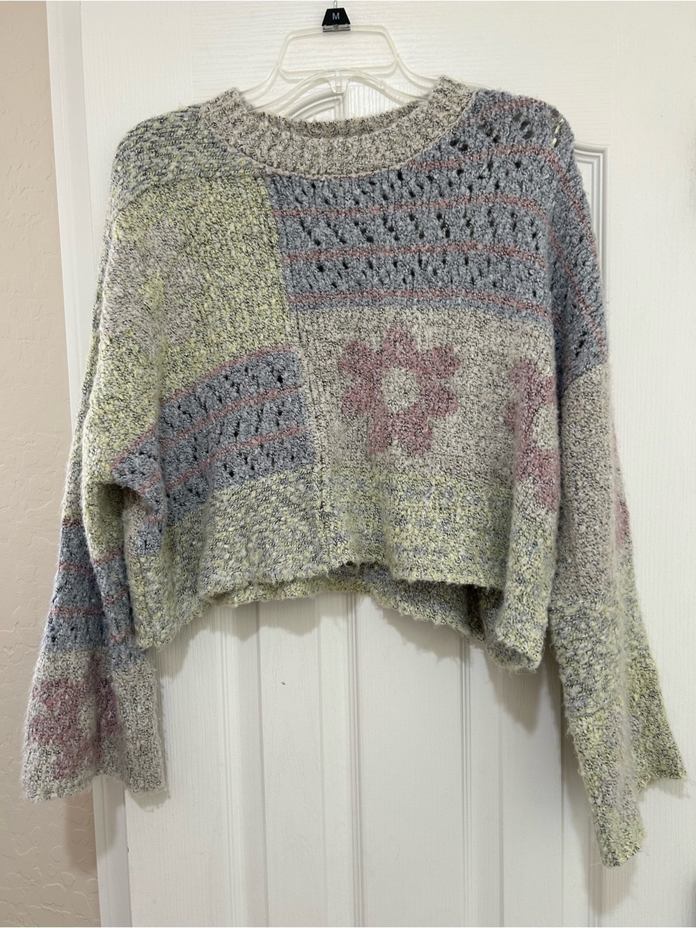 Sincerly Jules Cropped Patchwork Floral Sweater in Gray, Green & Pink